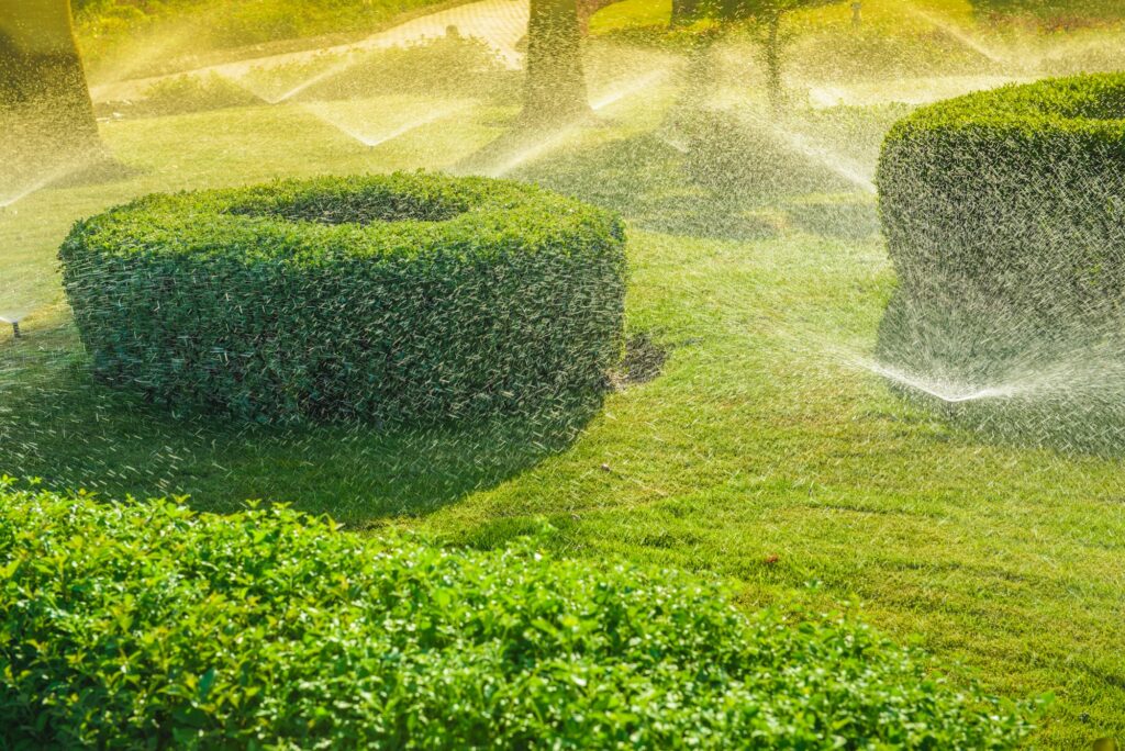 Automatic garden irrigation system watering green garden.